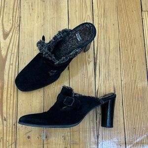 Stuart Weitzman Black Fur Lined Mules 9  *RARE*